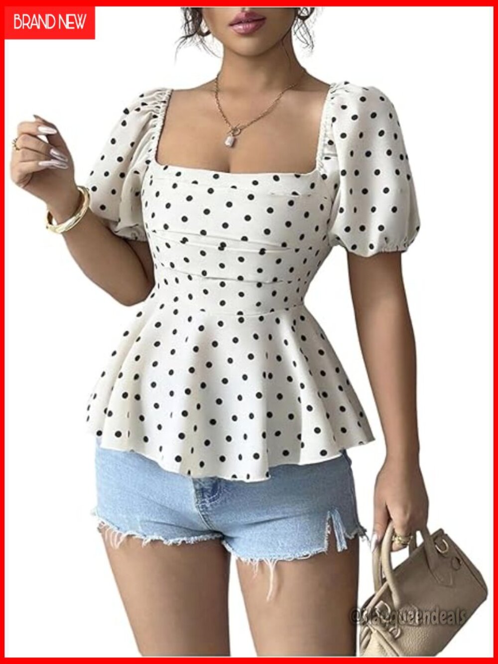 Polka Dot Ruffle Peplum Top with Puff Sleeves and Tie Back
